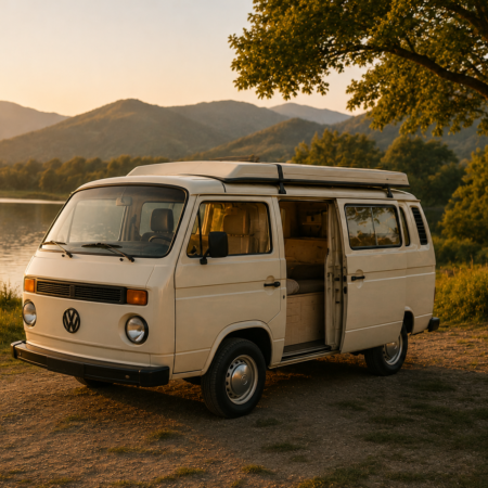 Compact Éco, van aménagé rétro Born To Van au bord d'un lac au coucher du soleil.