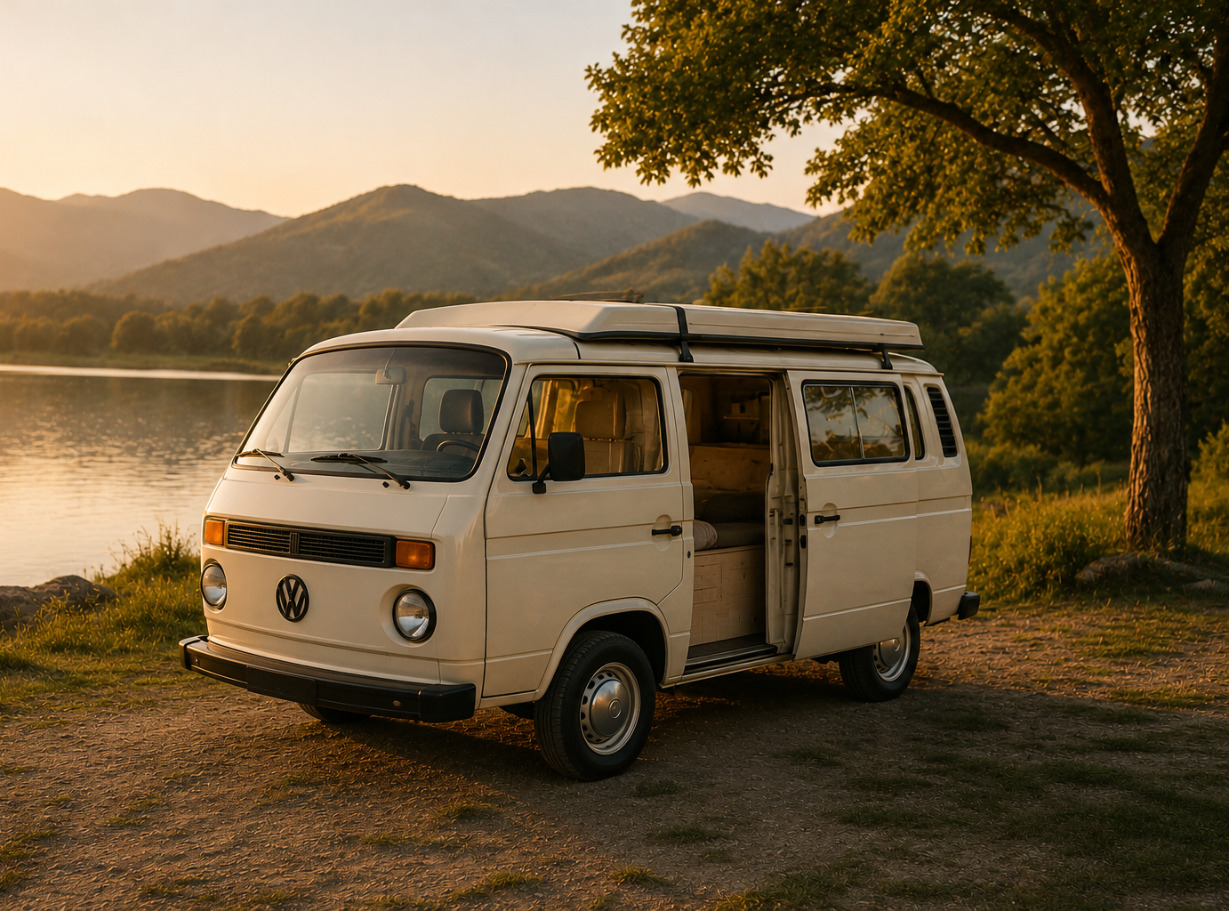 Compact Éco, van aménagé rétro Born To Van au bord d'un lac au coucher du soleil.